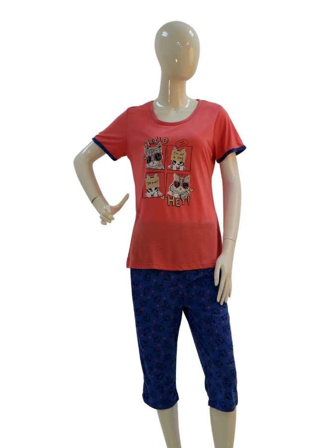 Women's Cotton Printed Cat Loungewear Set – 3/4 Sleeve & Capri Pants - Pink