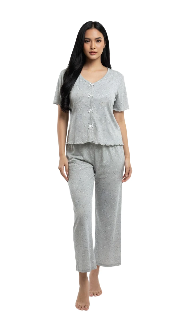 F246670BT Floral Print Button-Front Pajama Set - Gray