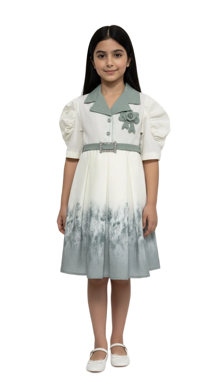 Girls' Ombre Print Dress with Belt - White