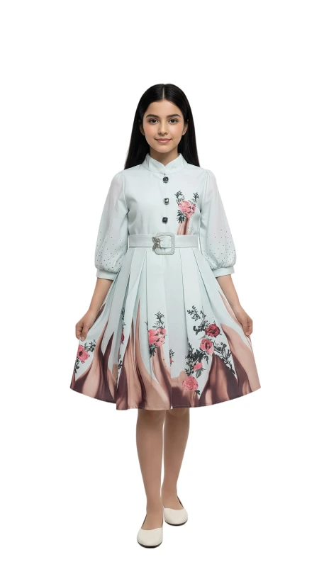 Girl's Botanical Elegance Stand Collar Dress - PaleGreen