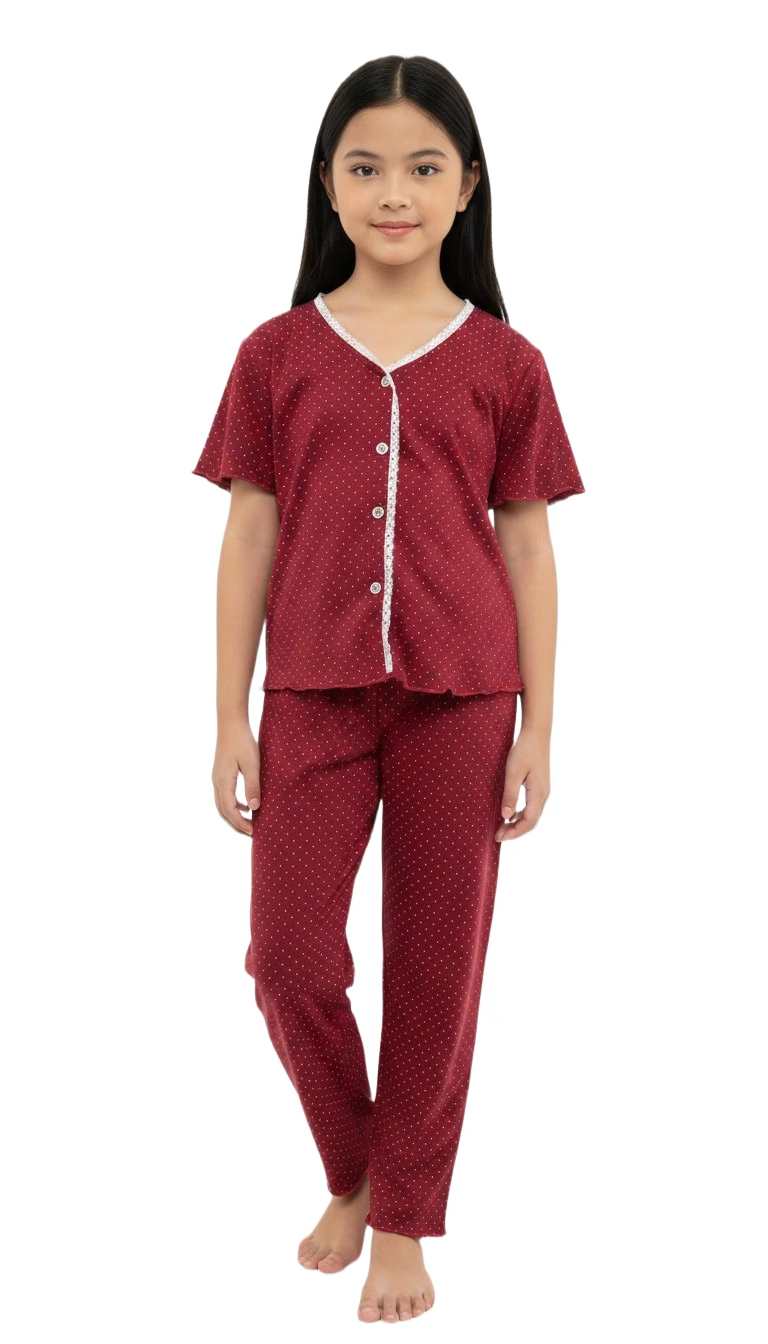 Girls' Red Dotted Short Sleeve Pajama Set - Red
