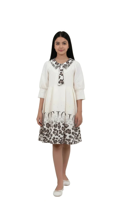 Girls' Bow Collar Print Dress - Brown