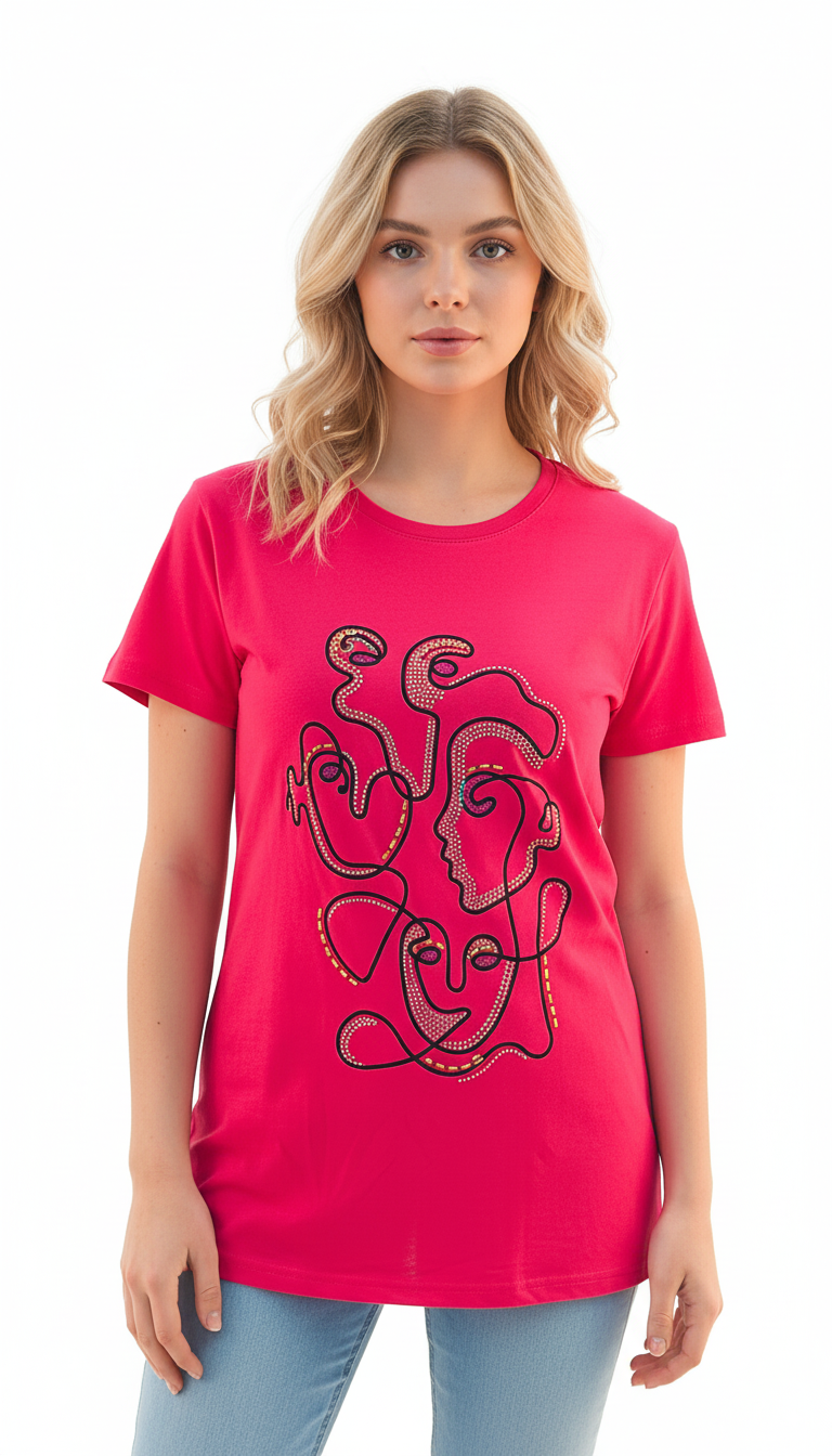 Women's Geometric Design Round Neck Short Sleeve T-Shirt - Pink