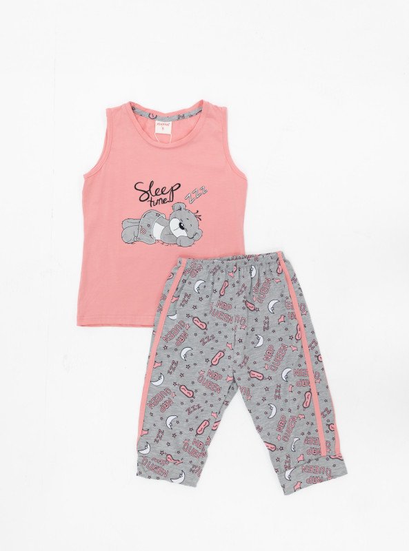 Girls' Sleeveless Cartoon Pajama Set – "Sleep Time" Bear Print - Pink