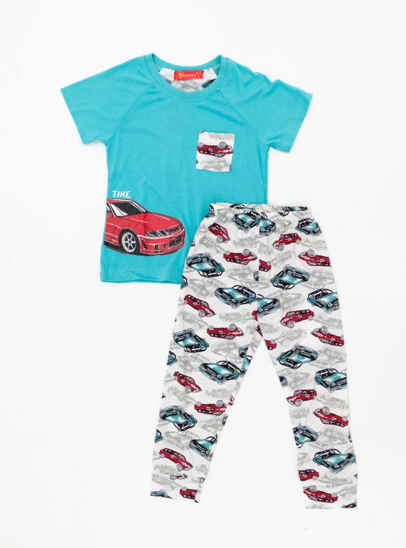 Boys' Car Print Pajama Set – Short Sleeve Tee & All-Over Print Pants - Turquoise