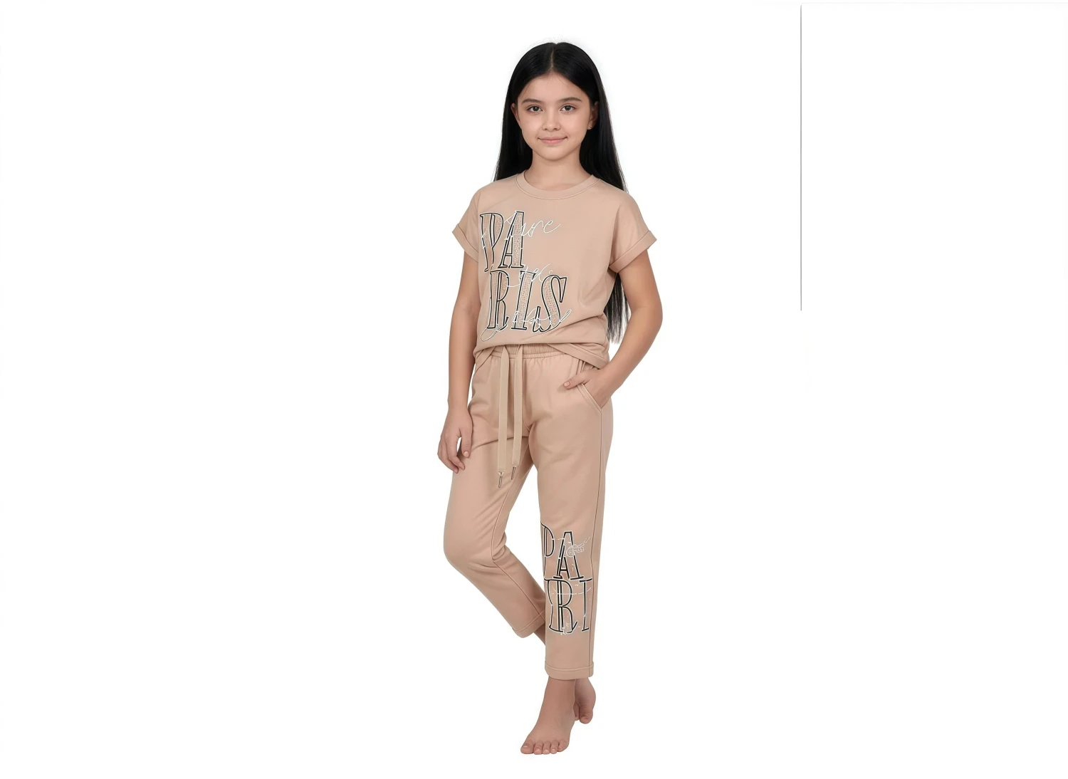 Girls' Gold "PARIS" Graphic Loungewear Set - LightBrown