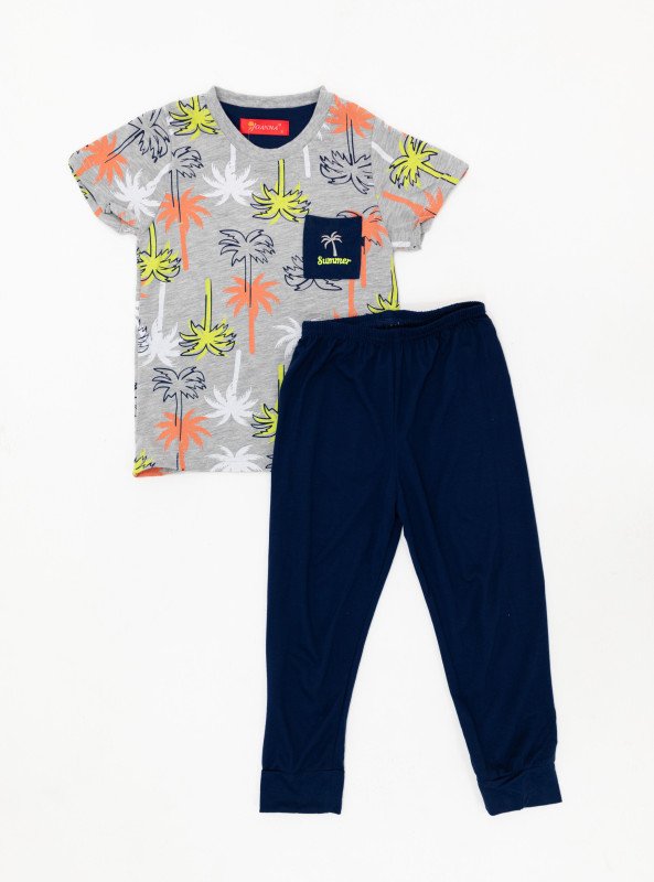 Boys' Tropical Palm Print Pajama Set – Summer Tee & Solid Navy Pants - LightSlateGray