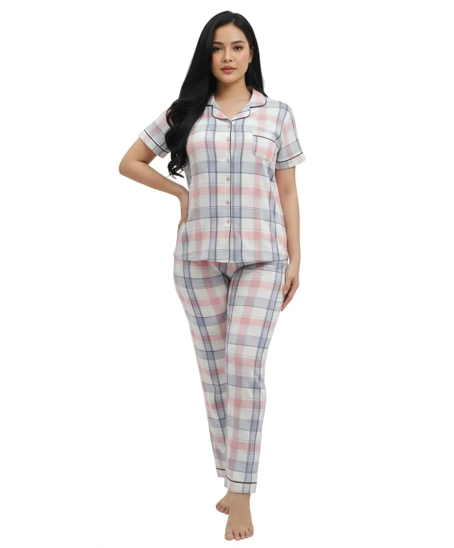292384   Classic Plaid Short Sleeve Pajamas - Beige