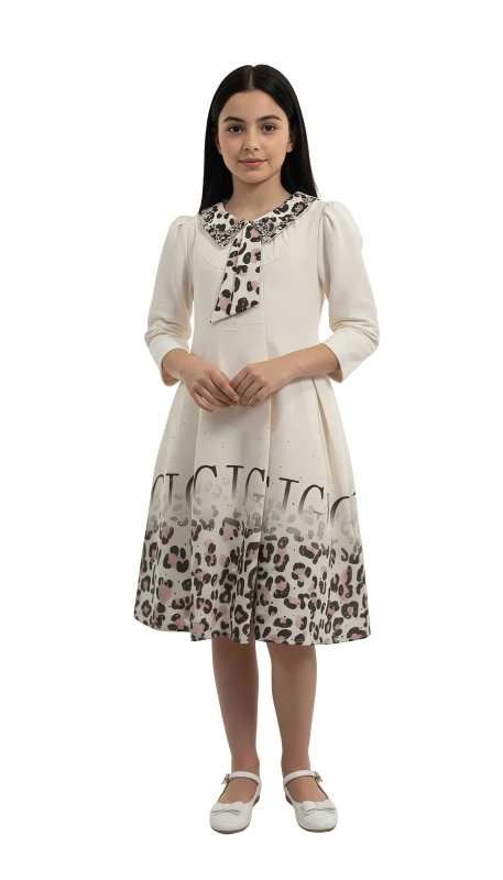 Girls' Bow Collar Print Dress - Pink