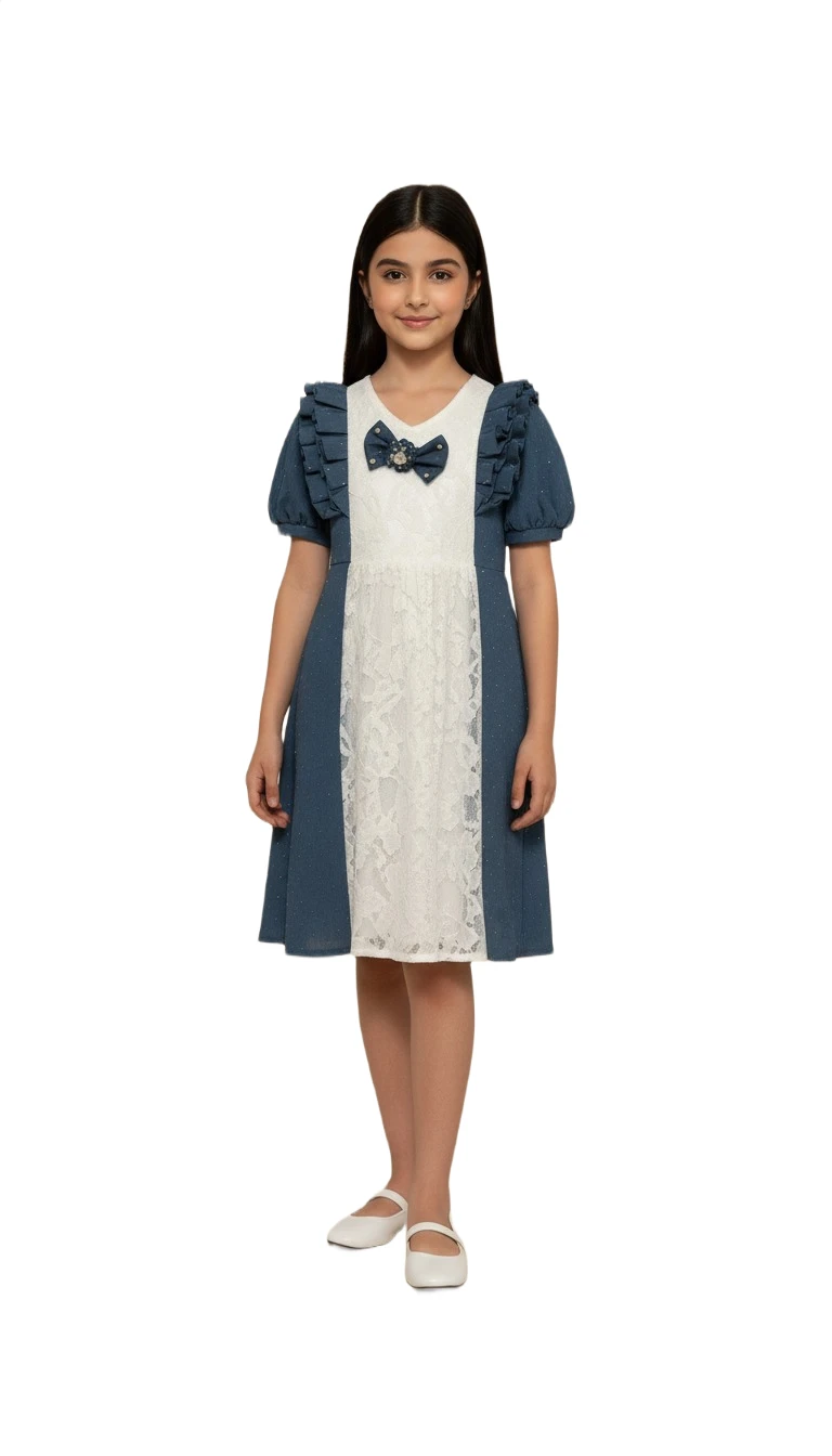 Lace & Ruffle Charm Dress - Blue