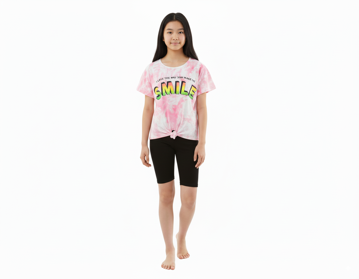 Girl's Front Tie With I Love The Way You Make Me Smile Quotes Round Neck Short Sleeve T-Shirt - Pink
