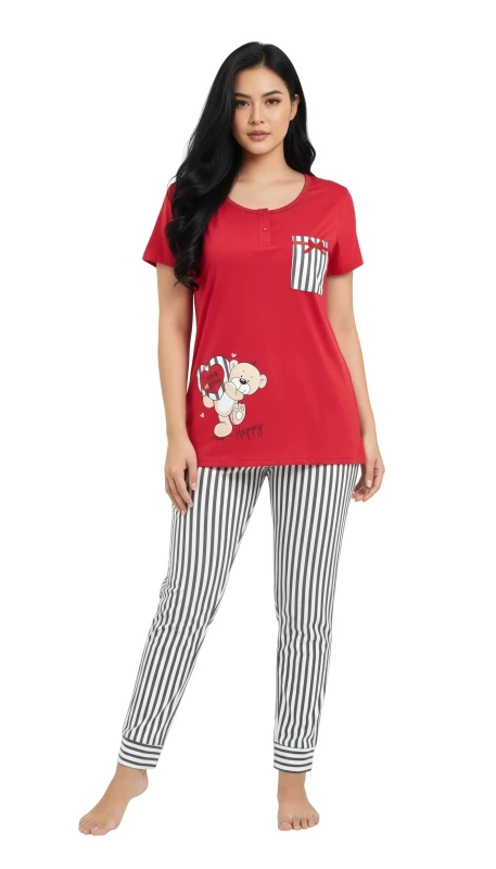 Women's Happy Bear Striped Comfort Pajama Set - Red