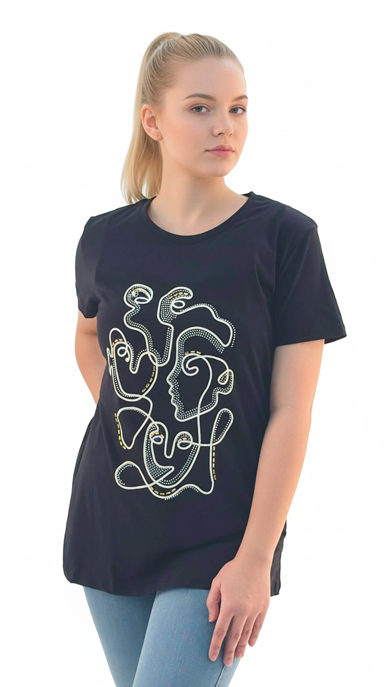 Women's Geometric Design Round Neck Short Sleeve T-Shirt - Black