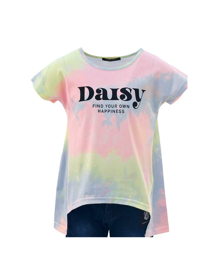 Girl's Long Back With Daisy Find Your Happiness Print Round Neck Short Sleeve T-Shirt - Pink
