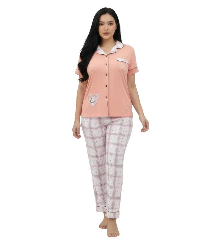 Women's Love & Plaid Comfort Pajama Set - Orange