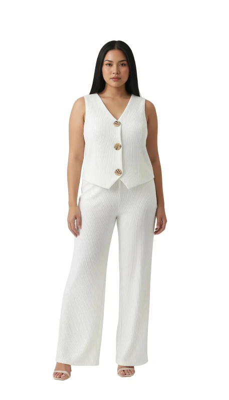 Women's Ribbed Knit Button-Front Vest & Wide Leg Pant Set - White