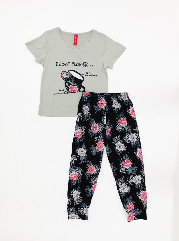 Floral Tea Cup Pajama Set - Gray
