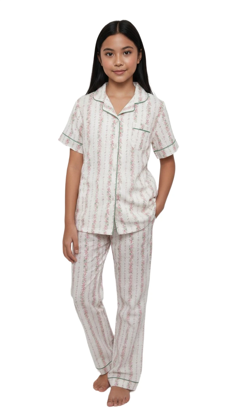 Girls' Pink Floral Stripe Pajama Set with Green Trim - White