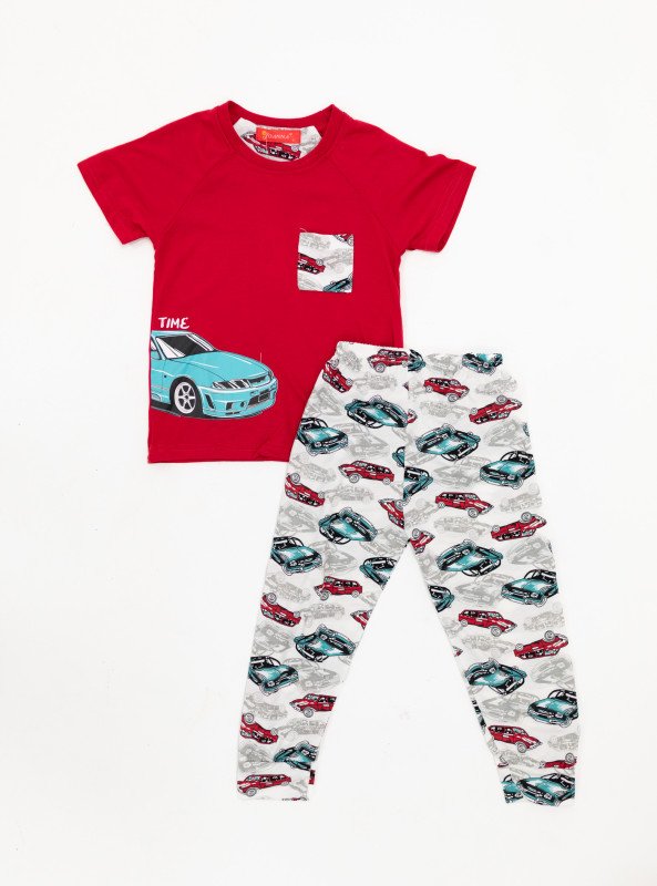 Boys' Car Print Pajama Set – Short Sleeve Tee & All-Over Print Pants - Red