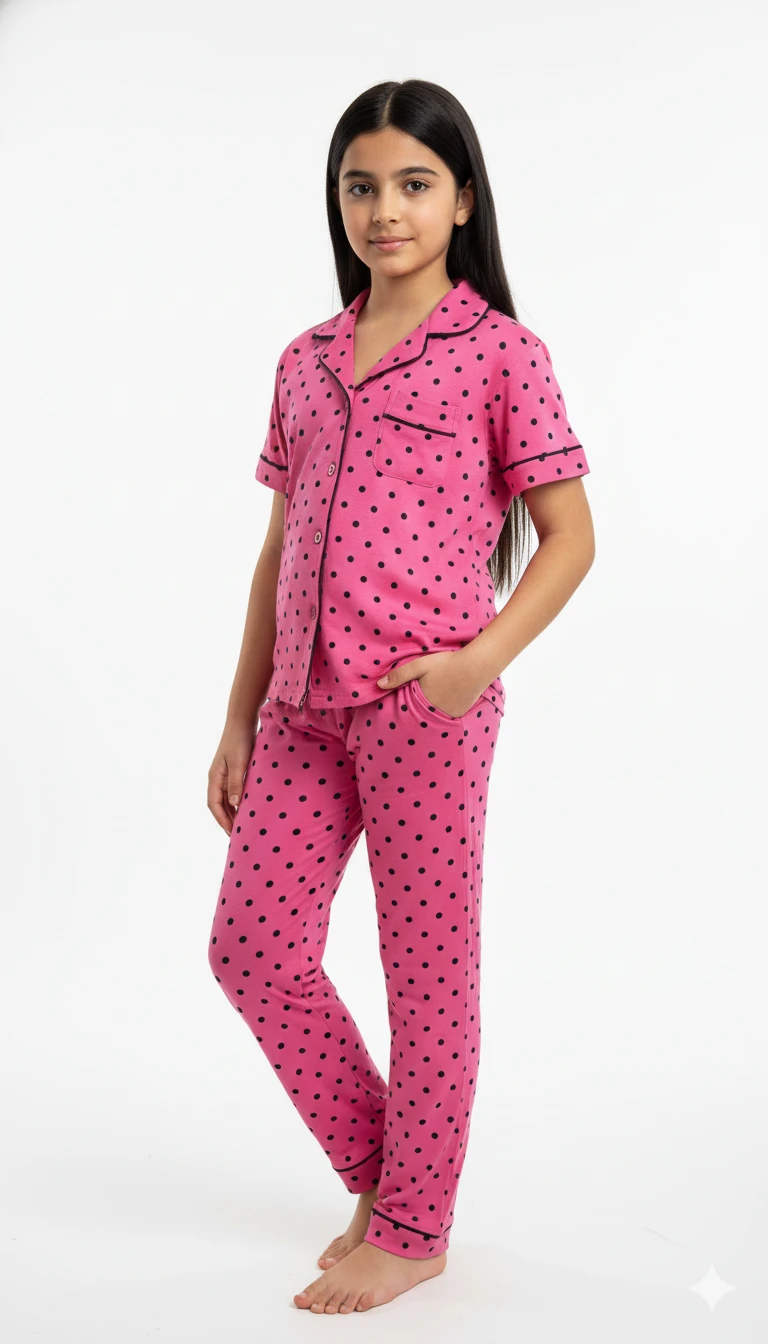 F881409T Girls' Polka Dot Short-Sleeve Pajama Se - Pink