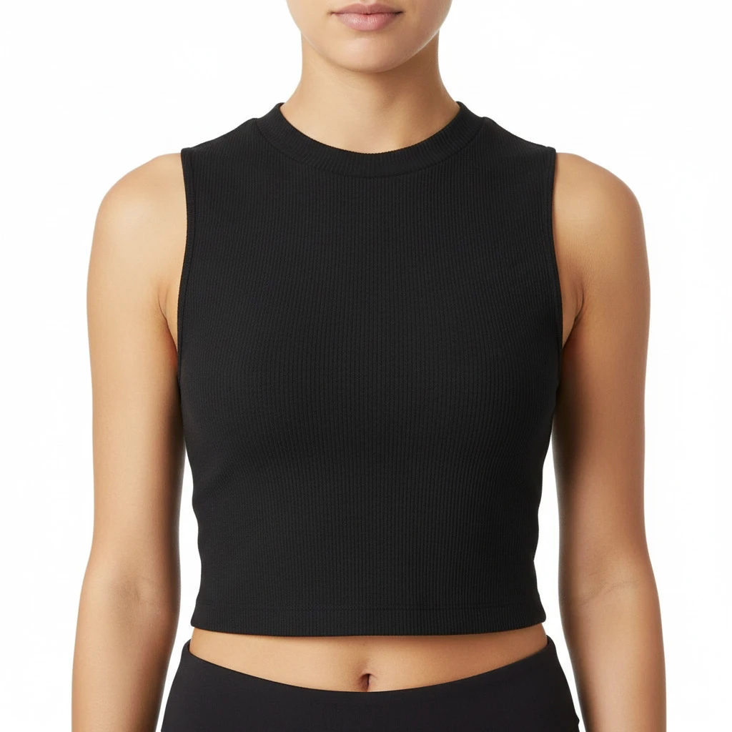 A2650753 JOANNA Women's Ribbed Crop Tank Top - Sleeveless High Crew Neck Stretch Ribbed Knit Crop Top, Slim Fit Casual Everyday Athletic Vest Shirt, Black - Black