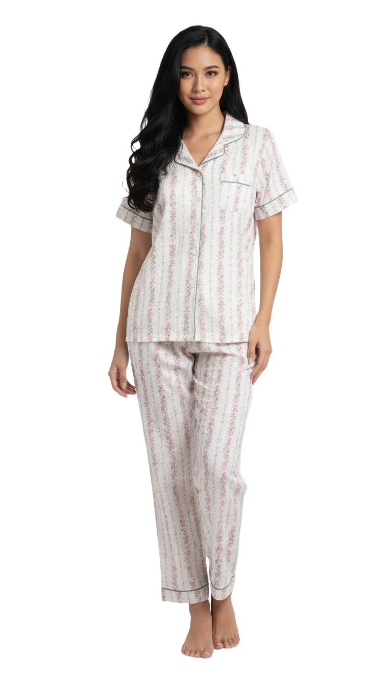 Ladies' Pink Floral Stripe Pajama Set with Green Trim - White