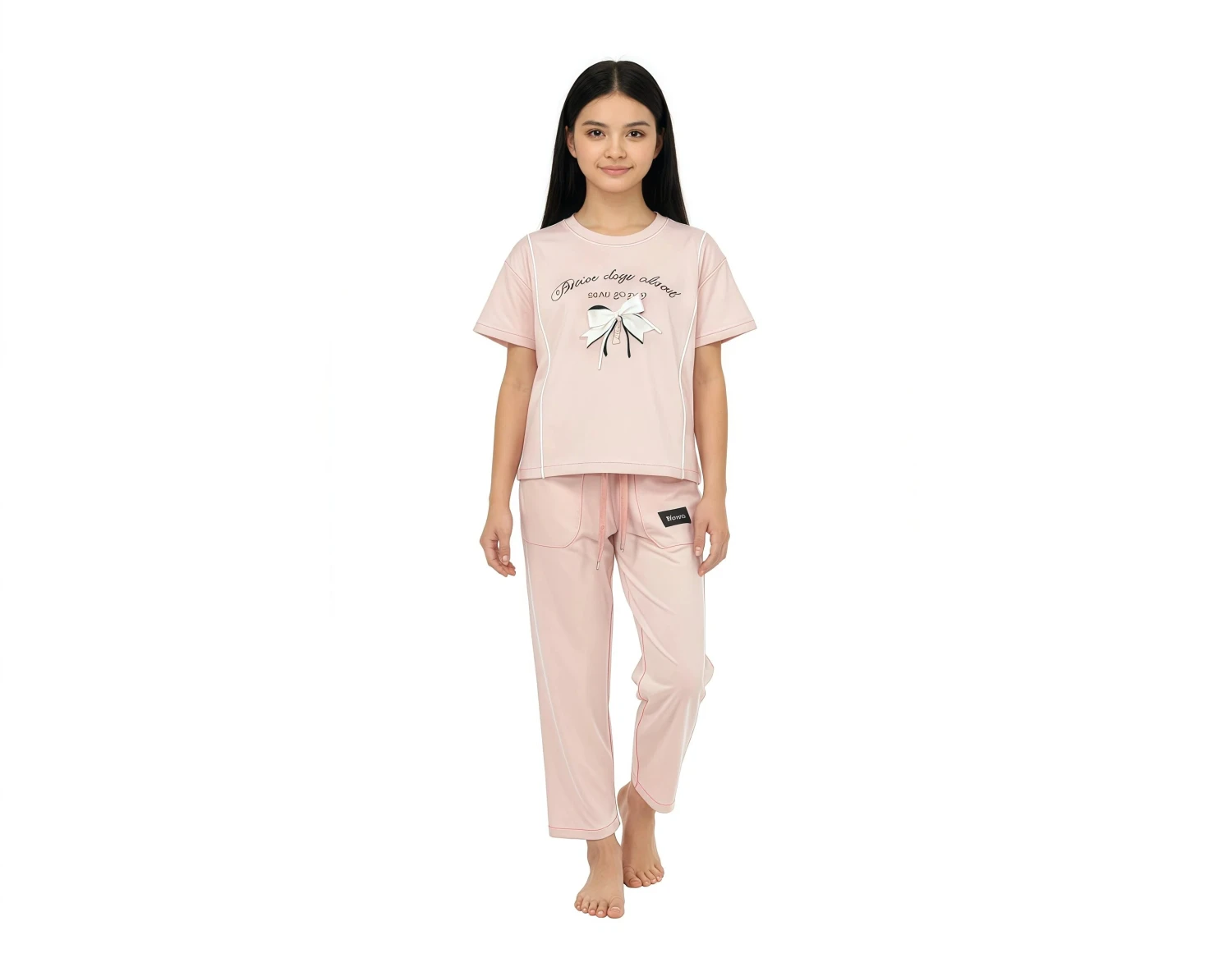 Girls' Casual T-Shirt & Joggers Set with Bow Print - Pink