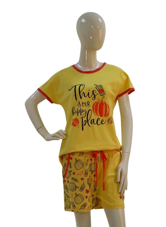 Women's Printed Cotton Lounge Set – "This is Our Happy Place" - Yellow