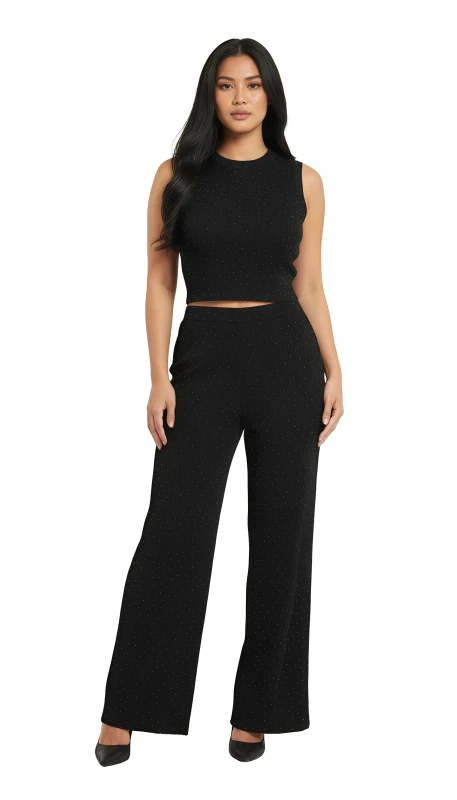 Women's Ribbed Knit Sleeveless Top & Wide Leg Pant Set - Black