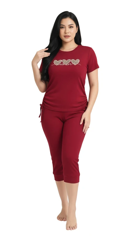 Ladies' "Love" Heart Print Cap Sleeve & Capris Pajama Set - Red