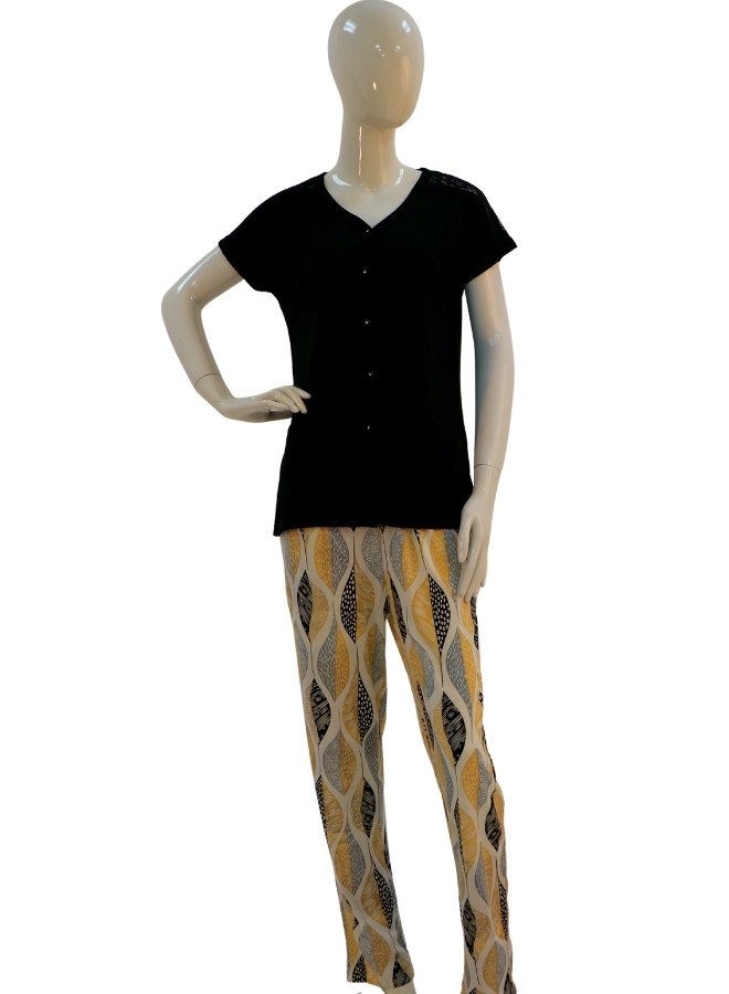 Women’s Printed Pajama Set with Lace Shoulder Detail - Black