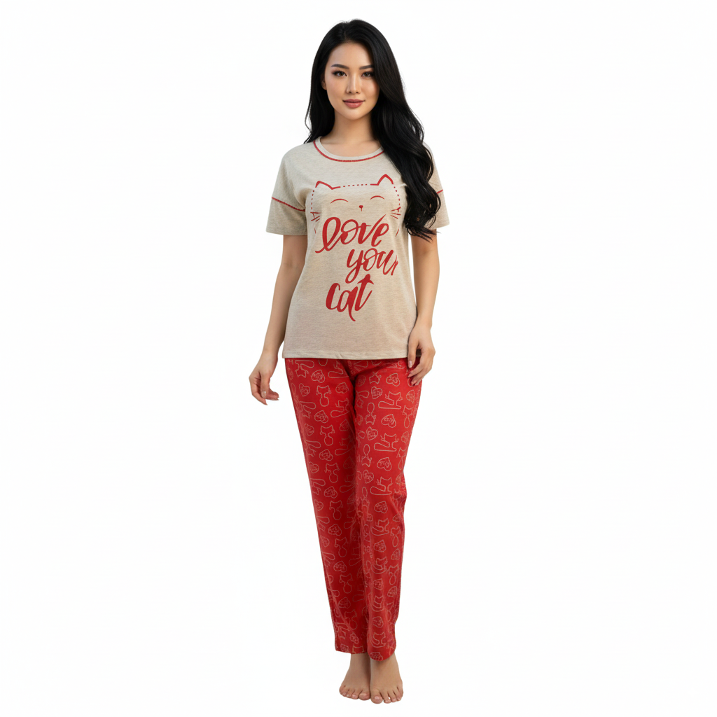 Women's "Love Your Cat" Cotton Pajama Set - LightGrey