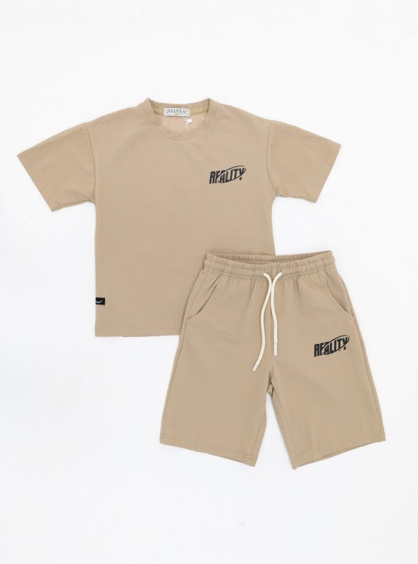 Boys’ “REALITY” Minimalist Summer Set – T-Shirt & Shorts - LightBrown
