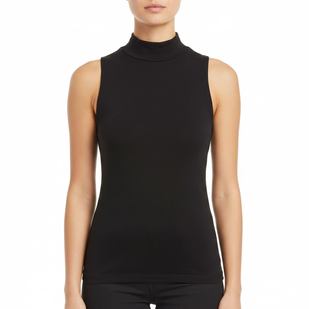 166004 Women's Mock Neck Sleeveless Top – Slim Fit Black Fitted Tank Top - Black