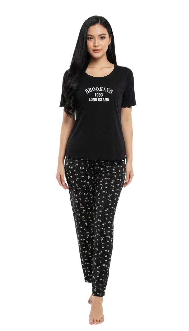 Ladies' Brooklyn Print Tee & Floral Pant Pajama Set - Black