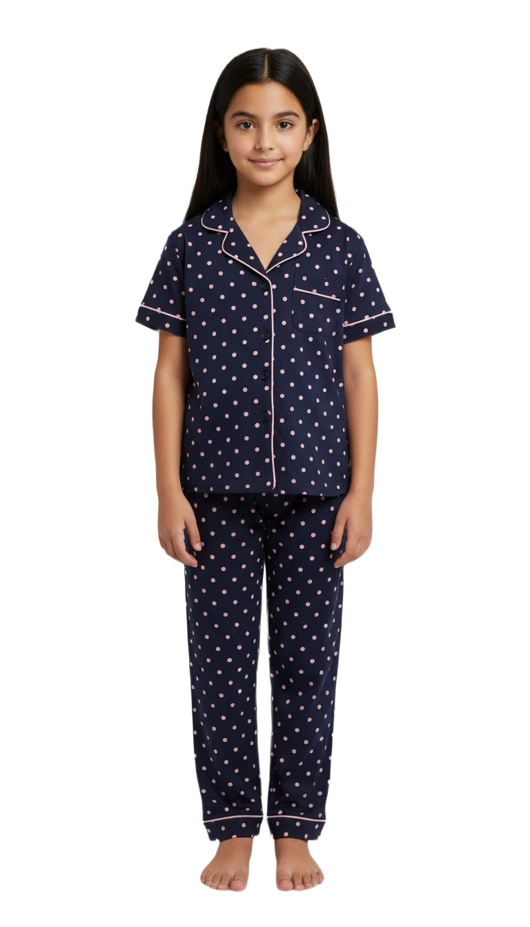 F881409T Girls' Polka Dot Short-Sleeve Pajama Se - Navy